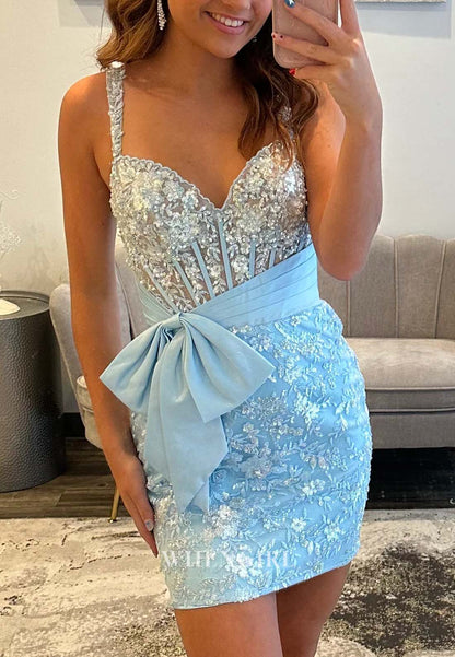 Sweetheart Beaded Back Zipper Sheath Bowknot Sleeveless Short Homecoming Dress