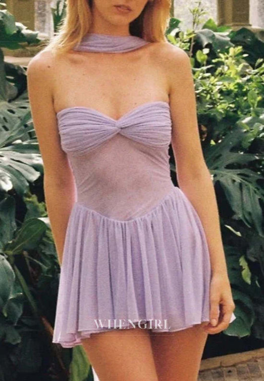 Lilac Sweetheart Sleeveless Strapless Pleated Short A-Line Homecoming Dress