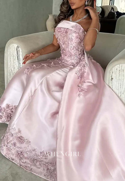 Pale Blush Sleeveless Appliqued Tube Top Formal Dress Floral Sheath Satin Evening Dress with Train