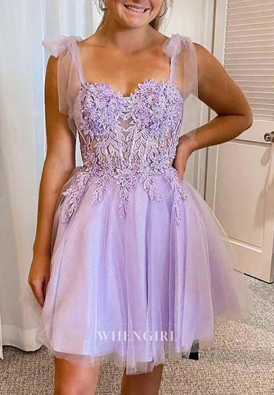 Lilac Appliqued Sweetheart Sleeveless Short A-Line Tulle Homecoming Dress