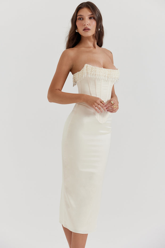 Strapless Pearls Tassel Sheath Midi Dress