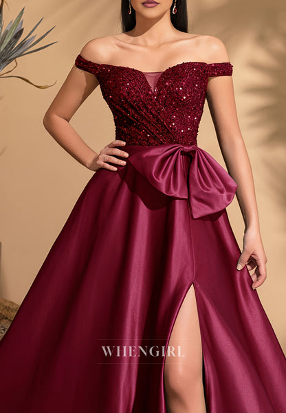Burgundy Off Shoulder Sequins Bowknot Side Slit A-Line Mother of the Bride Dress