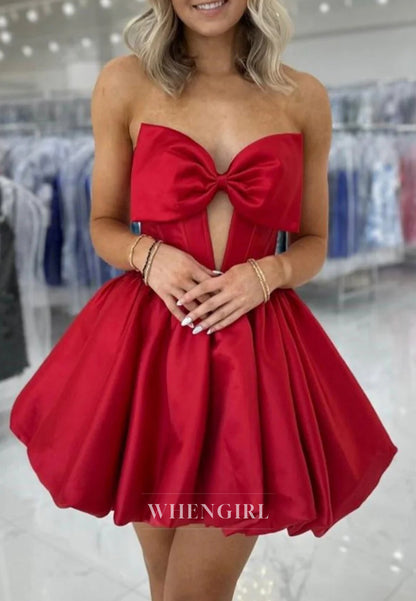 A-Line Sleeveless Cut Out V Neck Lace Up Strapless Satin Short Homecoming Dress