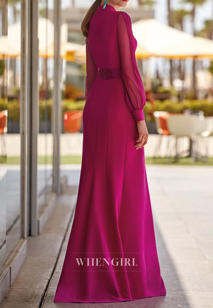 Fuchsia Sheath Long Sleeves V Neck Slit Floor Length Mother of the Bride Dress