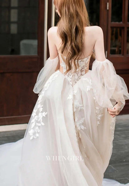 Sweetheart Off Shoulder Appliqued Lace Long Sleeves Tulle A-Line Wedding Dress with Weep Train