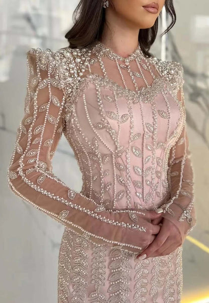 High Neck Long Sleeves Beaded Sheath Floor Length Formal Dress Evening Gown
