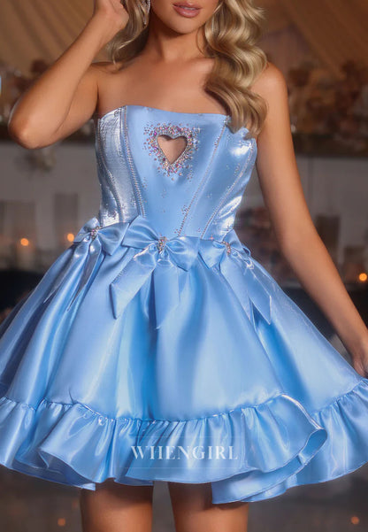 A-Line Strapless Bowknot Ruffles Back Zipper Beaded Heart-Shaped Hollow Short Homecoming Dress
