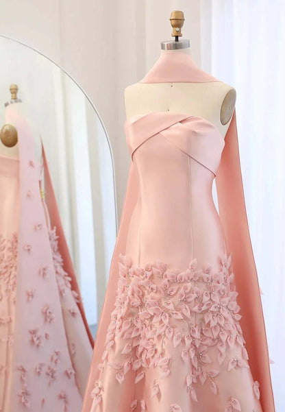 A-Line Strapless Pleated Beaded Strapless Sleeveless Floor Length Formal Dress with Cape