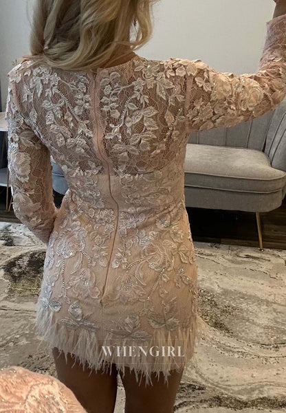 Blush Lace Long Sleeves Beteau Neck Feather Back Zipper Sheath Short Homecoming Dress