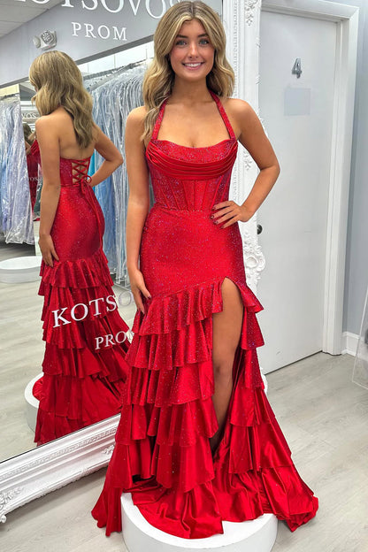 Gorgeous Mermaid Scoop Neck Red Tiered Satin Prom Dress with Hot Stone