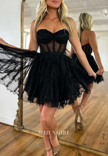 Sleeveless A-Line Back Zipper Sweetheart Short Strapless Homecoming Dress