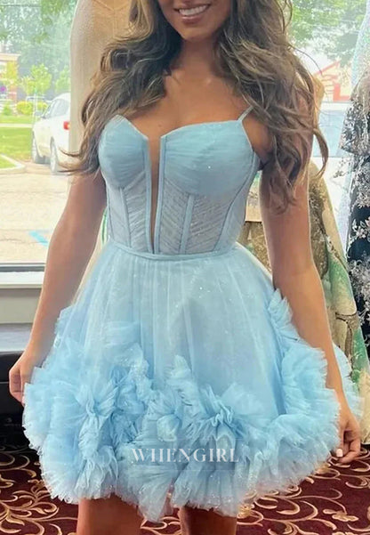 A-Line Sleeveless V Neck Multi Tiered Lace Up Short Tulle Homecoming Dress