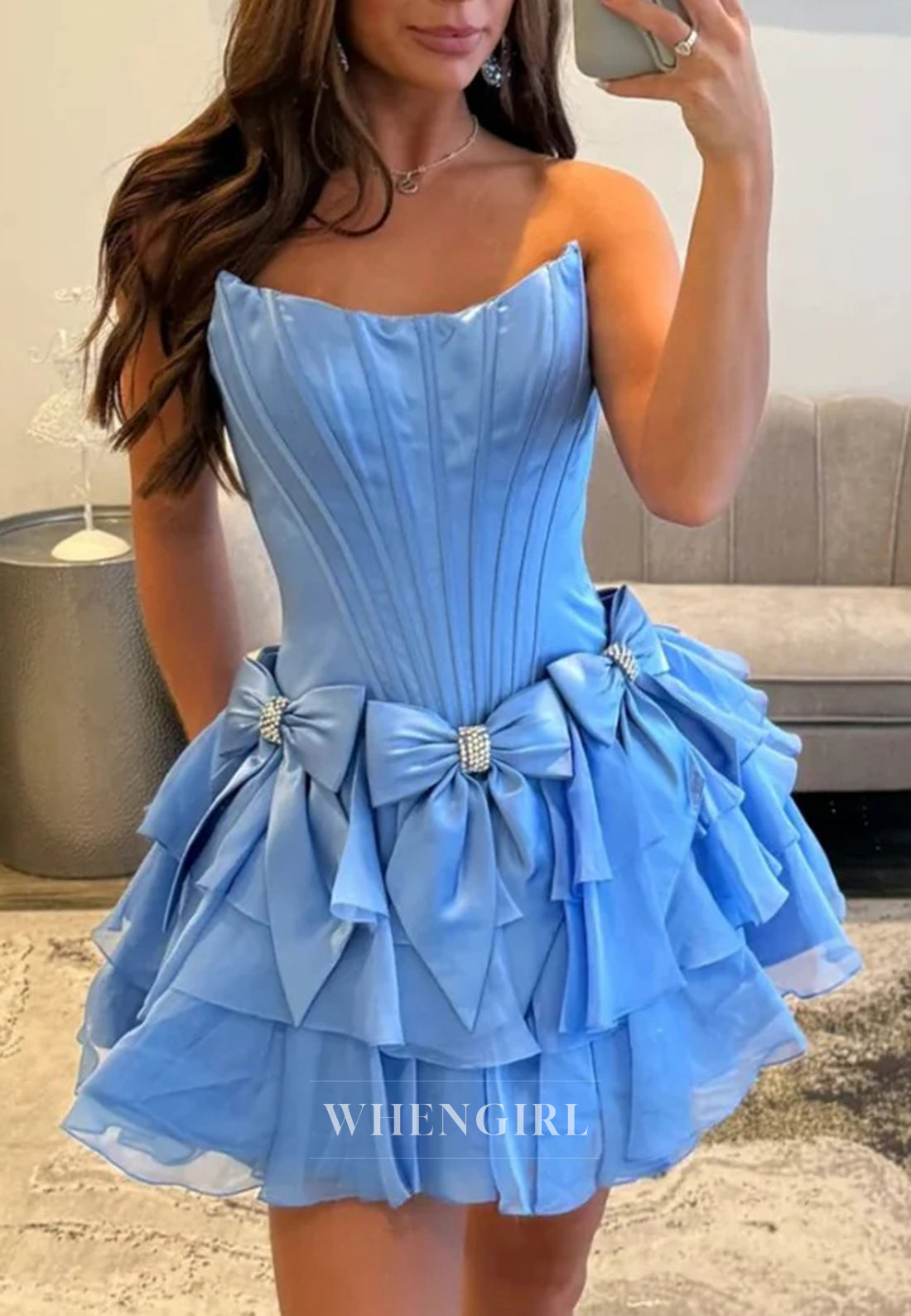 Sleeveless Ruffles Bowknot Strapless Short A-Line Homecoming Dress
