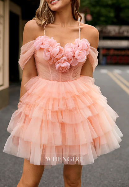 Pearl Pink Sweetheart 3D Flowers Back Zipper Multi Tiered Tulle A-Line Short Homecoming Dress