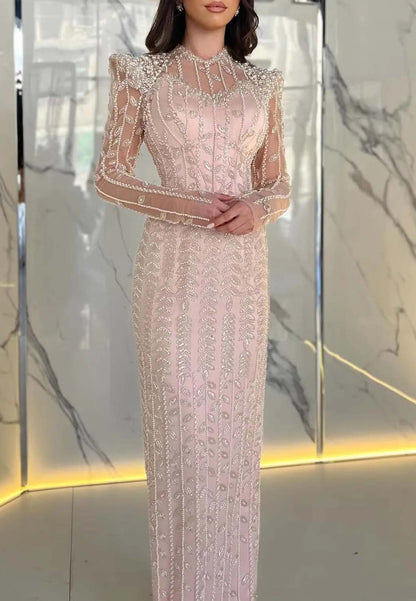 High Neck Long Sleeves Beaded Sheath Floor Length Formal Dress Evening Gown