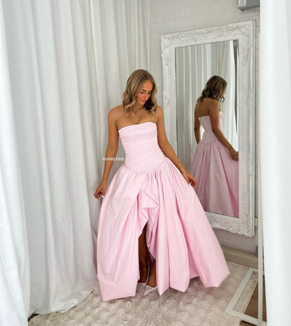 Pink Tube Top Slit Ruched Sleeveless Prom Dress
