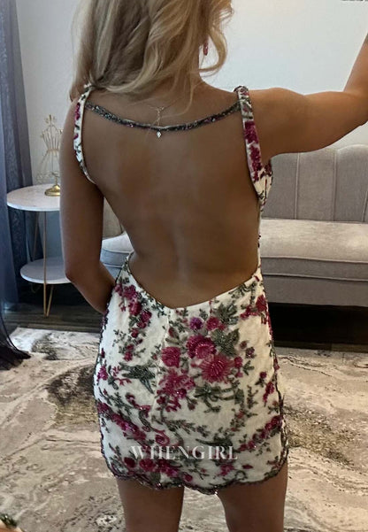 Sleeveless Sheath Beaded V Neck Backless Short Floral Homecoming Dress