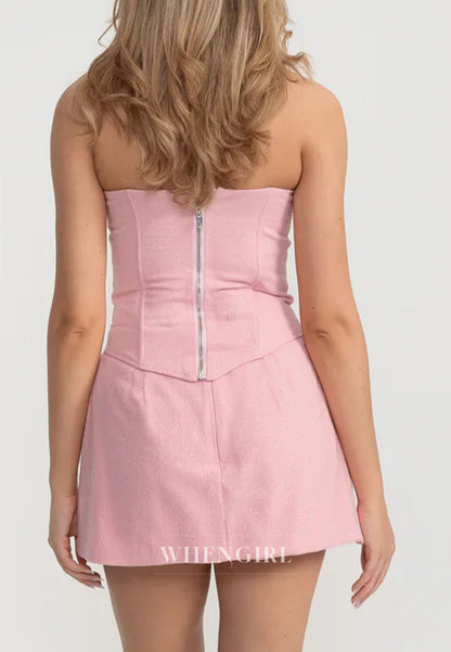 Light Pink Sweetheart Beaded Sheath Back Zipper Short Homecoming Dress with Removable Bowknot