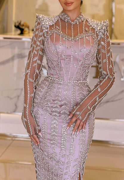 High Neck Long Sleeves Beaded Sheath Floor Length Formal Dress Evening Gown