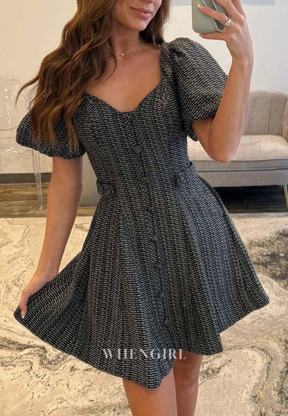 A-Line V Neck Short Puff Sleeves Buttons Short Homecoming Dress