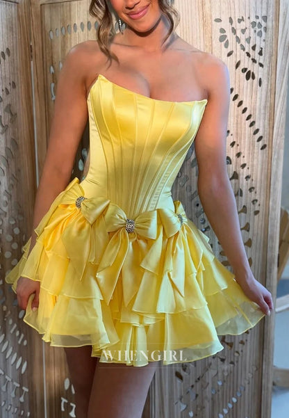 Sleeveless Ruffles Bowknot Strapless Short A-Line Homecoming Dress