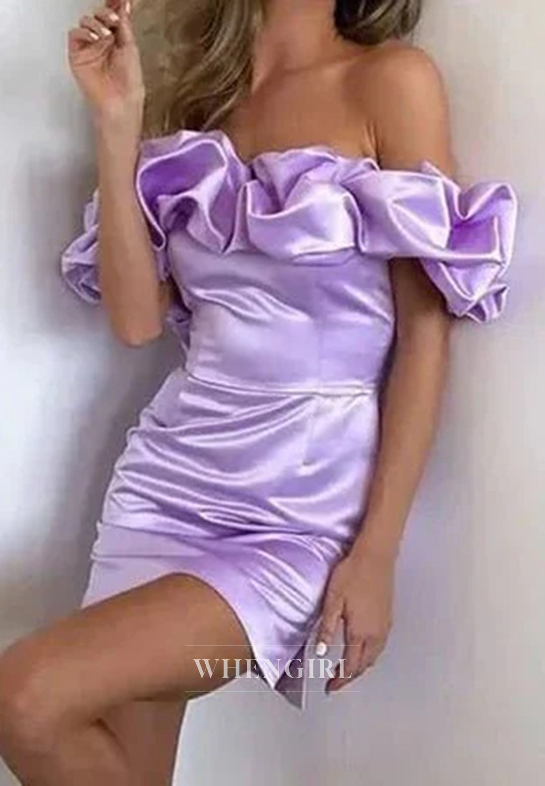 Lilac Sheath Off Shoulder Sleeveless Satin Short Homecoming Dress