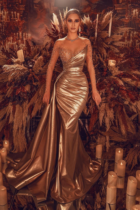 Gold Long Lace Sleeves Fabulous Evening Dress Mermaid With Colorful Beads