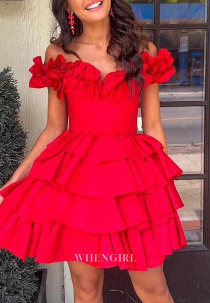 Sweetheart Off Shoulder Tiered Lace Up A-Line Homecoming Dress