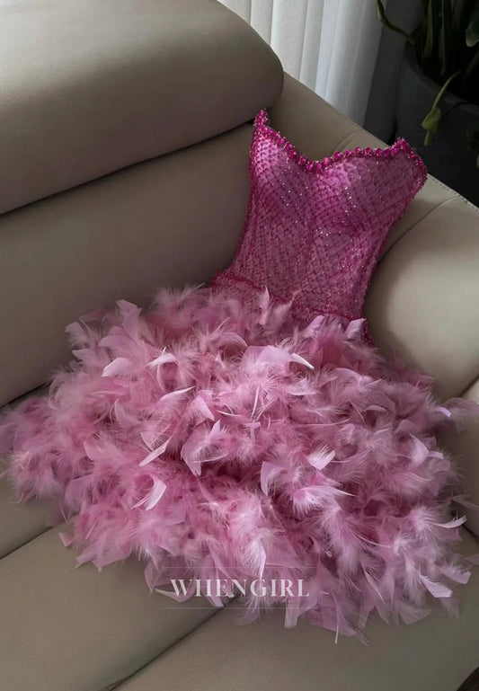 Sheath Beaded Feather Sleeveless Sweetheart Strapless Homecoming Dress