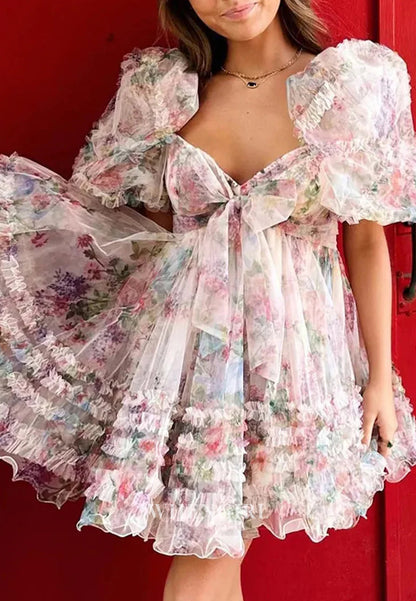 A-Line Tulle Short Puff Sleeves Multi Tiered Bowknot Floral Short Homecoming Dress