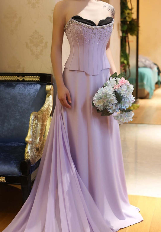 Lilac Asymmetrical Neck Sleeveless Strapless Sweep Train Beaded Formal Evening Dress