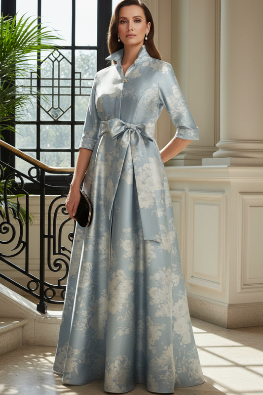 Floral Satin Bowknot Half Sleeves A-Line Mother of the Bride Dress