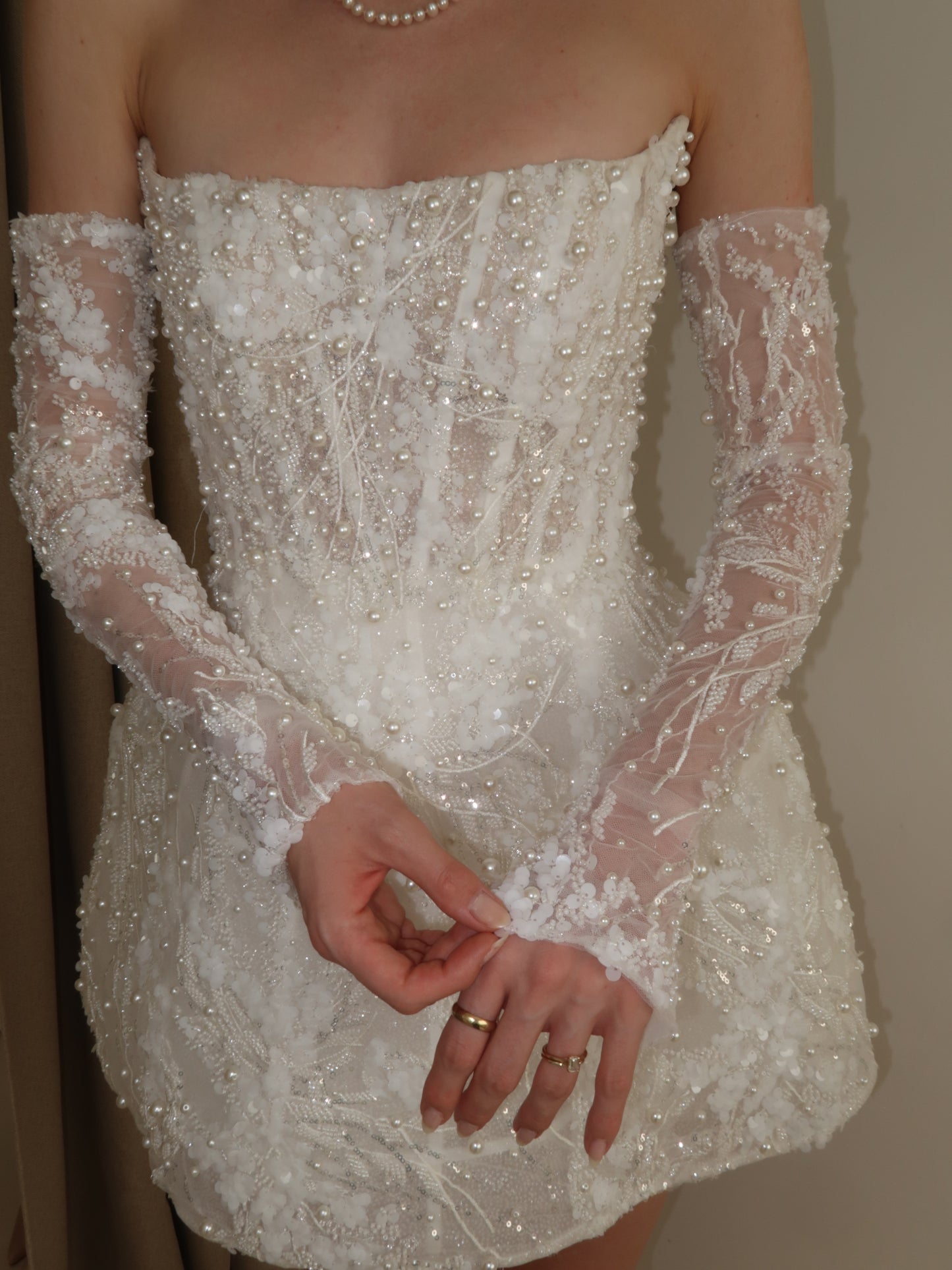 Ball Gown Strapless Beaded Short Wedding Dress wirh Long Sleeves