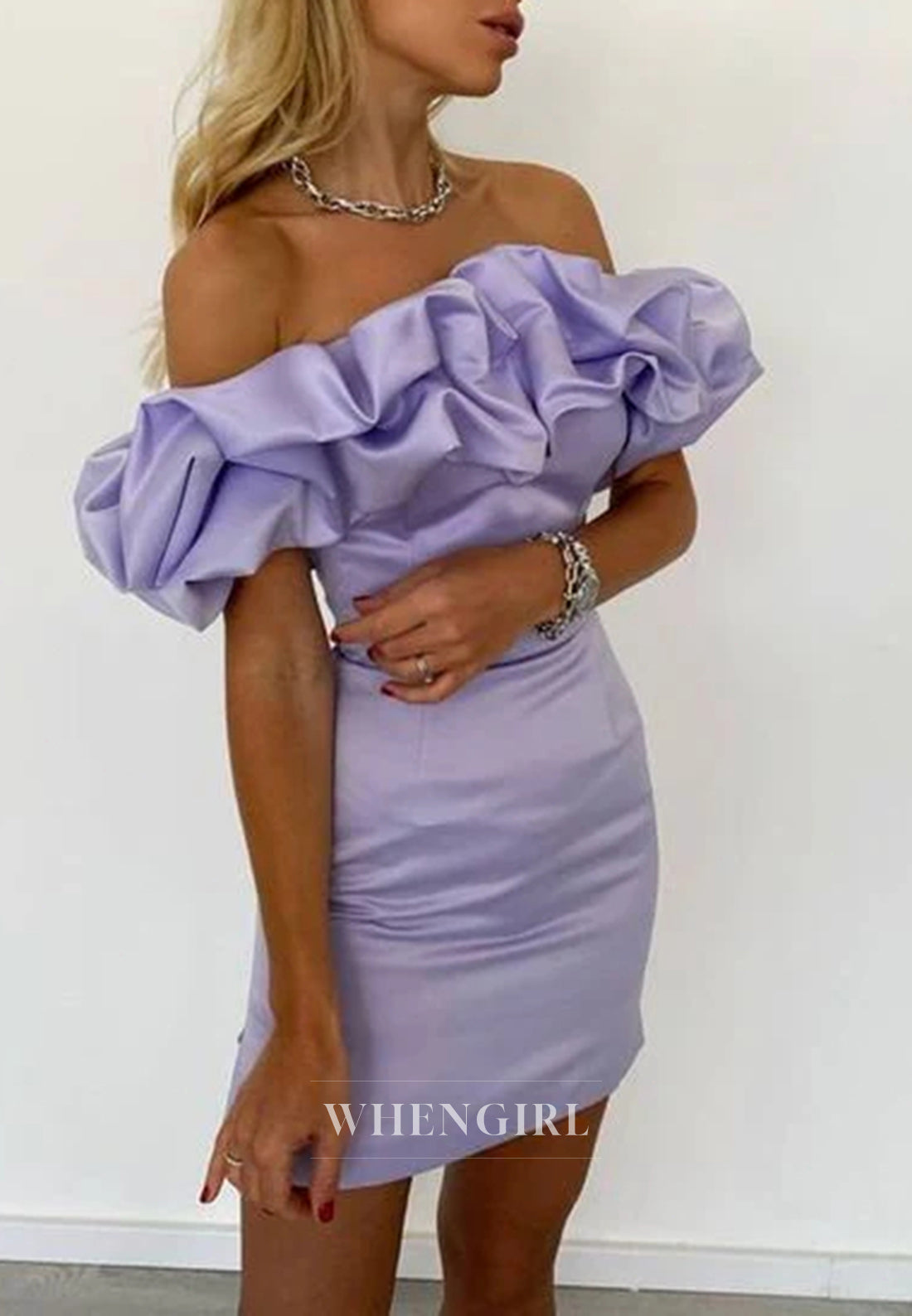 Lilac Sheath Off Shoulder Sleeveless Satin Short Homecoming Dress