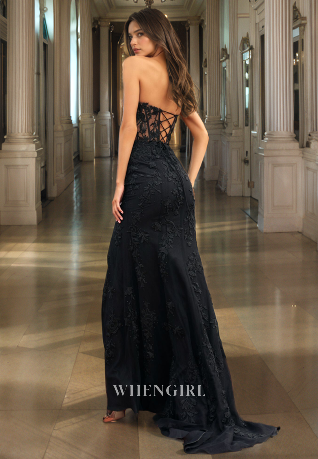 Sheath Strapless Sleeveless Fully Lace Appliques Long Prom Dress with Slit