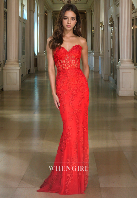 Sheath Strapless Sleeveless Pleated Fully Lace Long Prom Dress