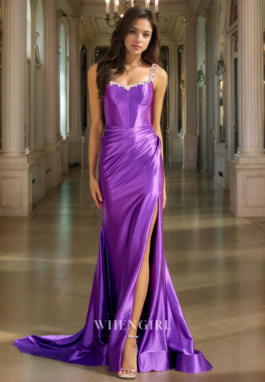 Sheath Strapless Straps Sleeveless Pleated Beaded Back Zipper Long Prom Dress with Slit
