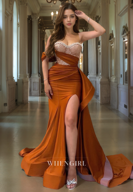 Sheath Strapless Sleeveless Beaded Pleated Long Prom Dress with High Side Slit