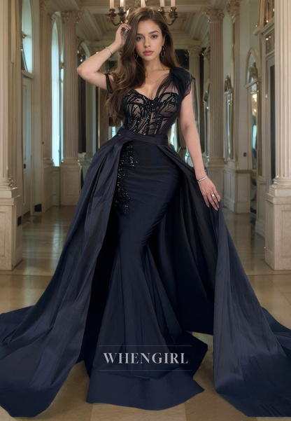 Sheath Strapless Sleeveless Appliques Beaded Long Prom Dress with Detachable Train