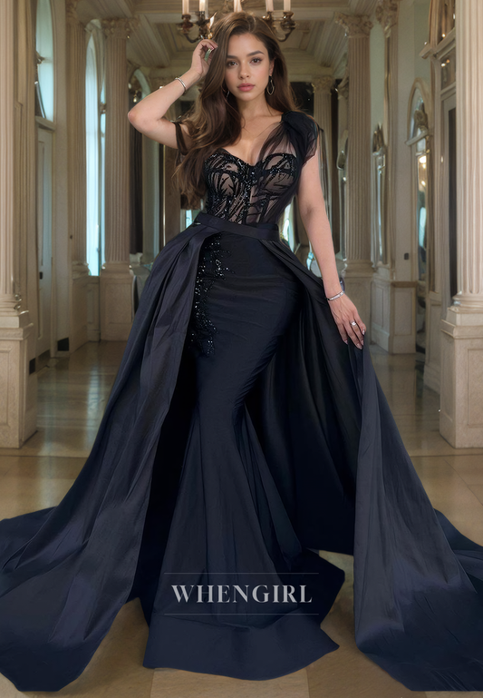 Sheath Strapless Sleeveless Appliques Beaded Long Prom Dress with Detachable Train