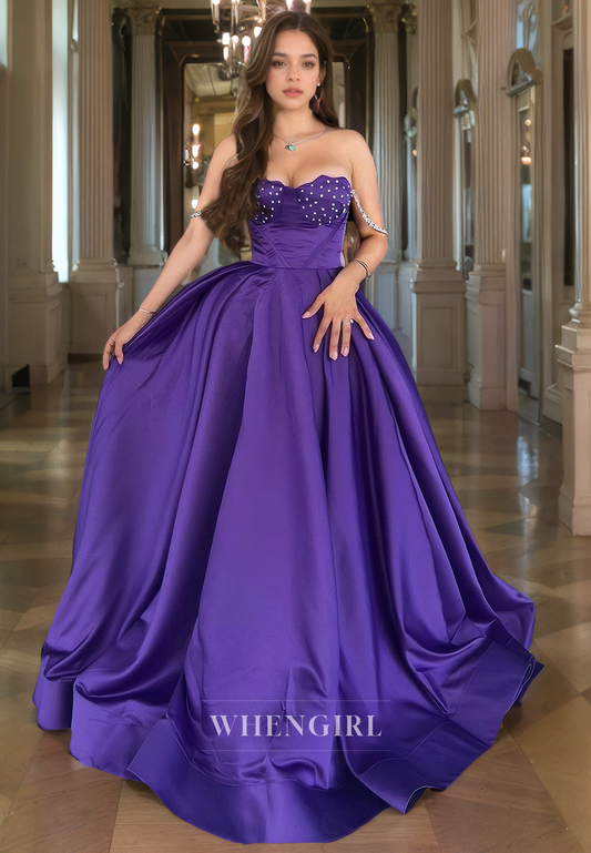 A-Line Strapless Sleeveless Beaded Long Prom Dress