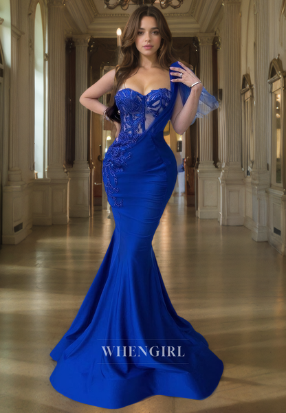 Sheath Strapless Sleeveless Appliques Long Prom Dress with Detachable Train