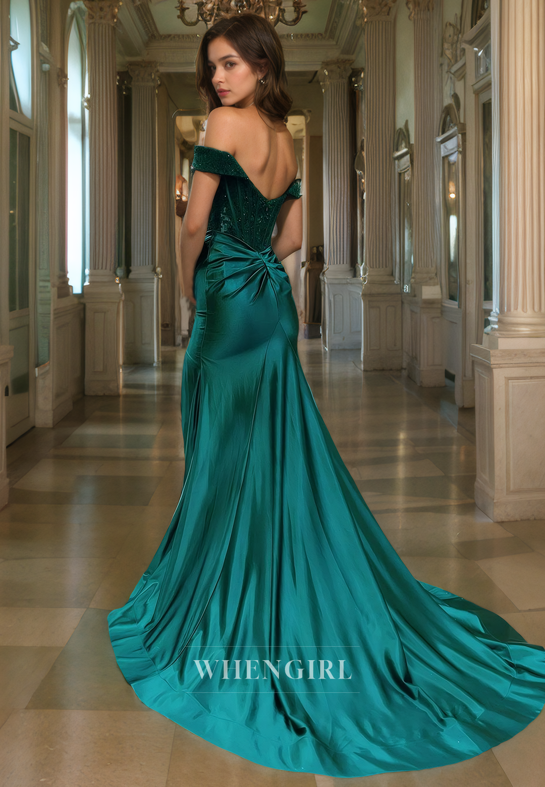 Sheath Off Shoulder Sleeveless Pleated Beaded Long Prom Dress with High Side Slit