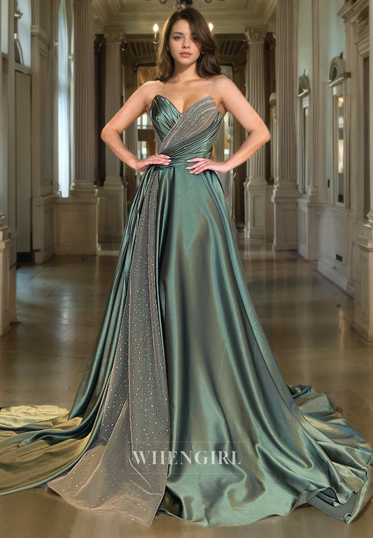 A-Line Strapless Sleeveless Pleated Glitter Tulle Long Prom Party Dress