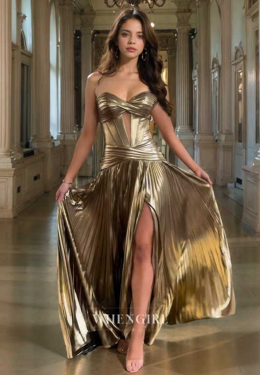 A-Line Strapless Sleeveless Pleated Long Prom Dress with Slit