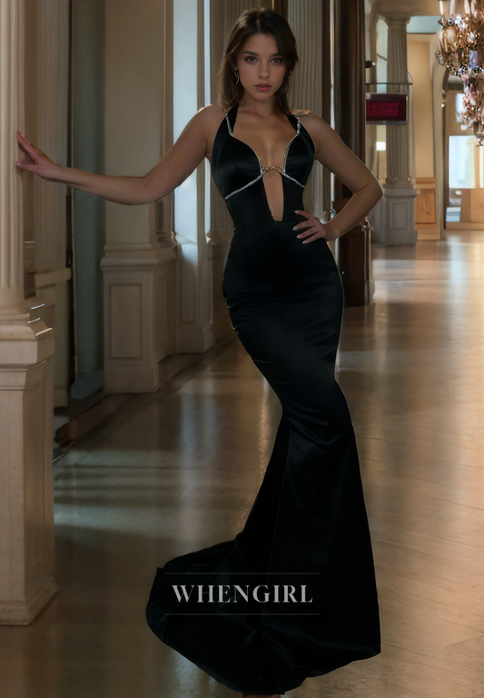 Mermaid Low V Neck Sleeveless Satin Long Prom Dress