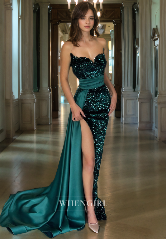 Sheath Strapless Sleeveles Velvet Sequins Satin Pleated Long Prom Dress with Slit and Train