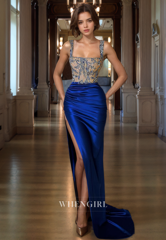 Sheath Square Straps Sleeveless Beaded Pleated Long Prom Dress with Slit and Train