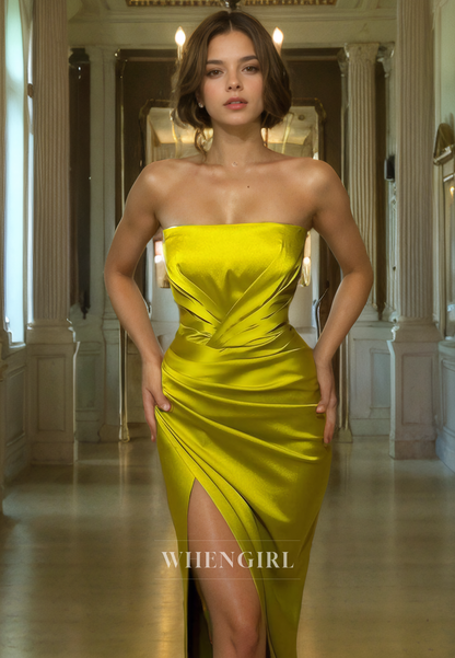 Sheath Strapless Sleeveless Pleated Long Prom Dress with Slit and Train