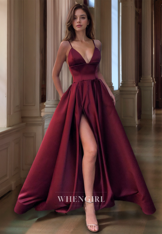 A-Line V Neck Straps Sleeveless Long Prom Dress with High Side Slit and Train